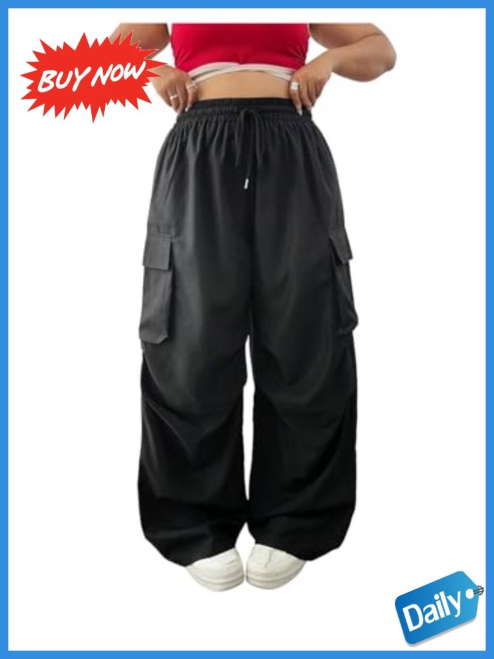 Women's Plus Size Wide Leg Cargo Pants Baggy High Waist Drawstring Trousers